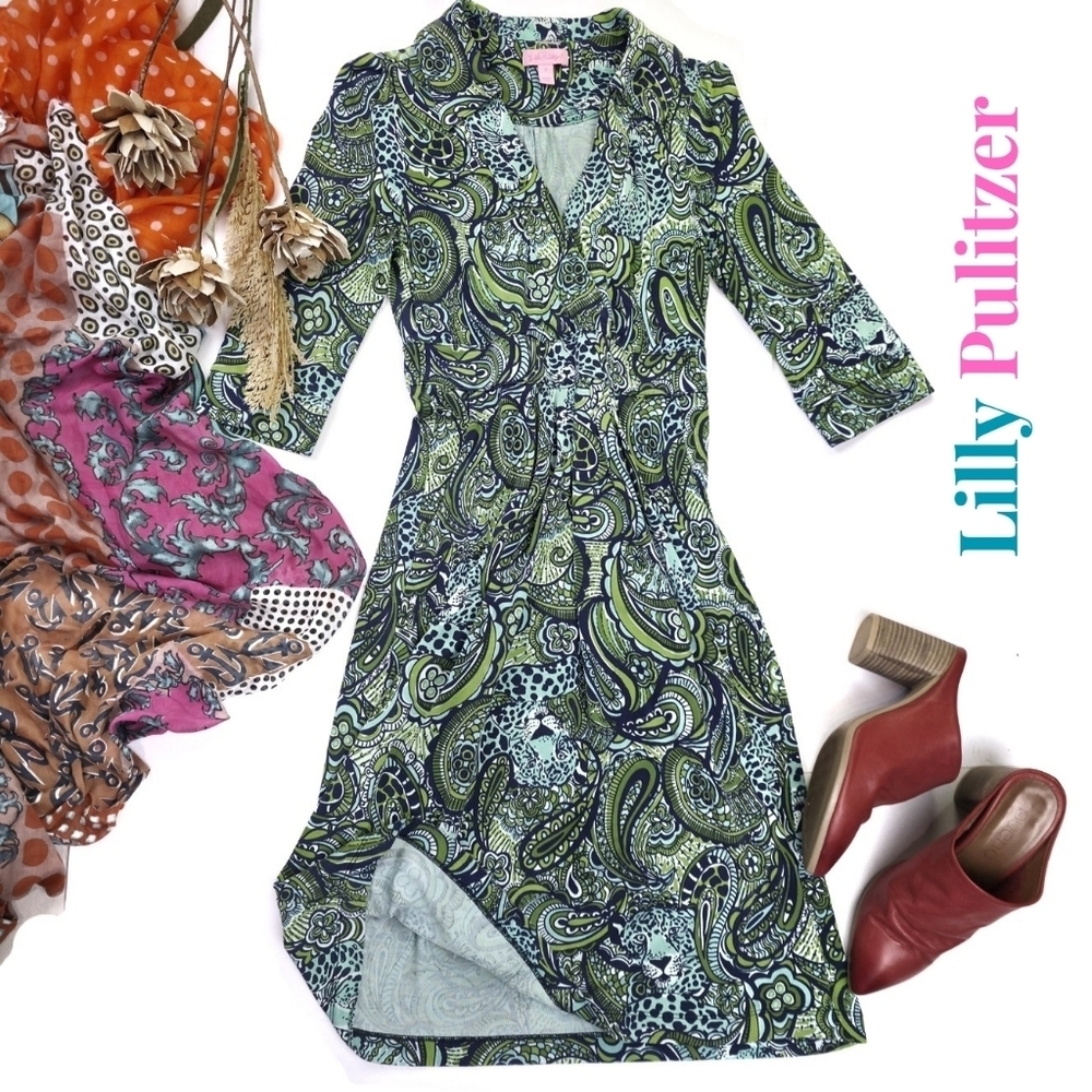 Lilly Pulitzer Green Paisley Silk Dress Size 2